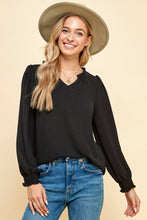 Load image into Gallery viewer, Solid Textured Ruffle V-Neck Blouse – Smocked Cuff Long
