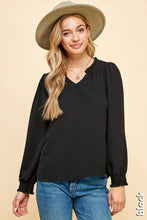 Load image into Gallery viewer, Solid Textured Ruffle V-Neck Blouse – Smocked Cuff Long
