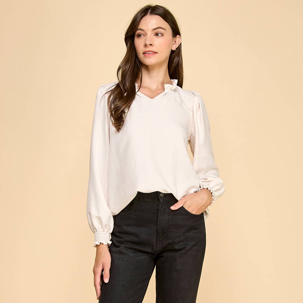Textured Solid Ruffle Neck Long Sleeve Blouse