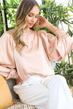 Load image into Gallery viewer, Sequin Cuff Accent Crew Neck Satin Blouse Top
