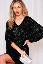 Load image into Gallery viewer, V-Neck Balloon Sleeves Sequin Detail Mini Dress
