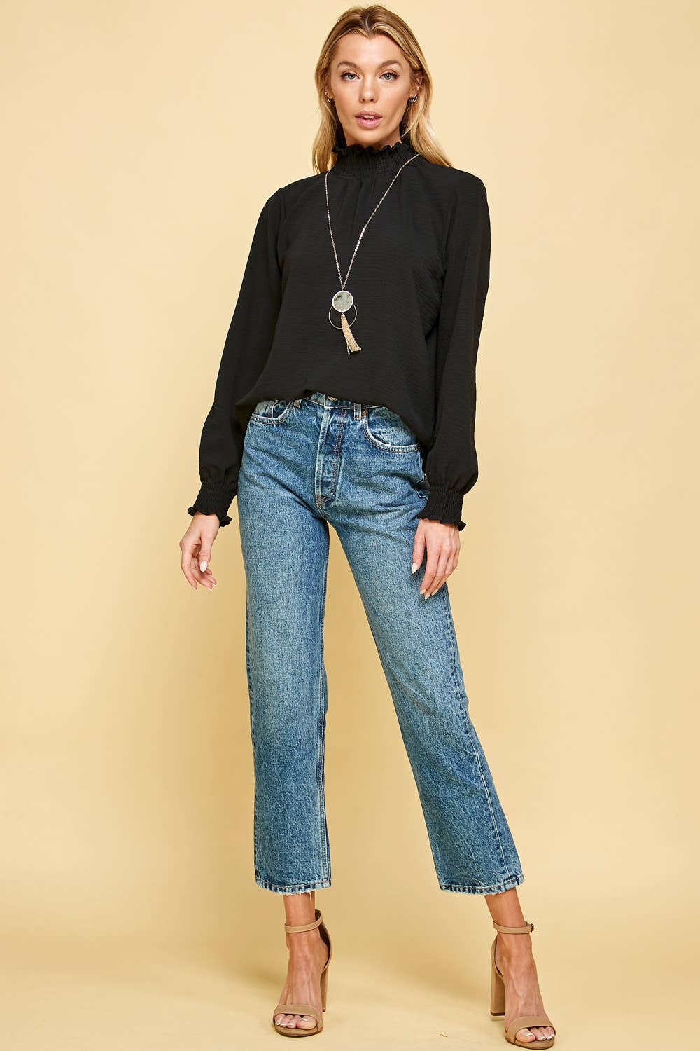 Solid Top with Smocked Detailed Neck and Wrist