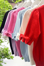 Load image into Gallery viewer, Bow Design Puff Sleeve Crew Neck Knitted Sweater Top
