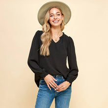 Load image into Gallery viewer, Solid Textured Ruffle V-Neck Blouse – Smocked Cuff Long
