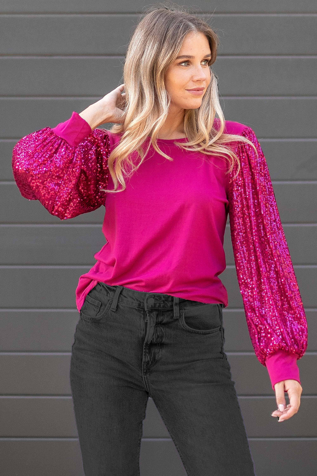 Solid Top with Sequins Detailed Sleeves - Long Sleeve