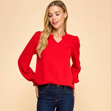 Load image into Gallery viewer, Solid Textured Ruffle V-Neck Blouse – Smocked Cuff Long

