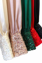 Load image into Gallery viewer, Sequin Cuff Accent Crew Neck Satin Blouse Top
